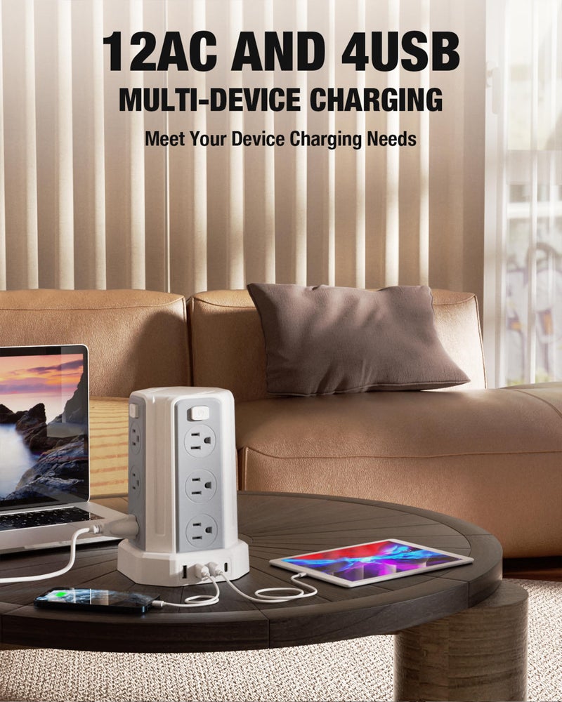 SMALLRT Power Strip Surge Protector, 10 Ft Extension Cord with 12 AC Multiple Outlets 4 USB (1 USB C), SMALLRT Power Tower Desktop Charging Station (White, 10 FT) - Image 5