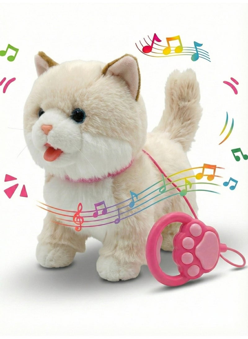 REZZOSS Walking & Singing Cat Toy for Kids Beige – Remote Control Leash Electronic Pet Cat Kids Toy | Interactive Walking Plush Toy with Music & Sound | Battery Operated Robotic Cat for Boys & Girls | Pretend Pet Play Toy Gift for Birthday (Beige) - Image 1