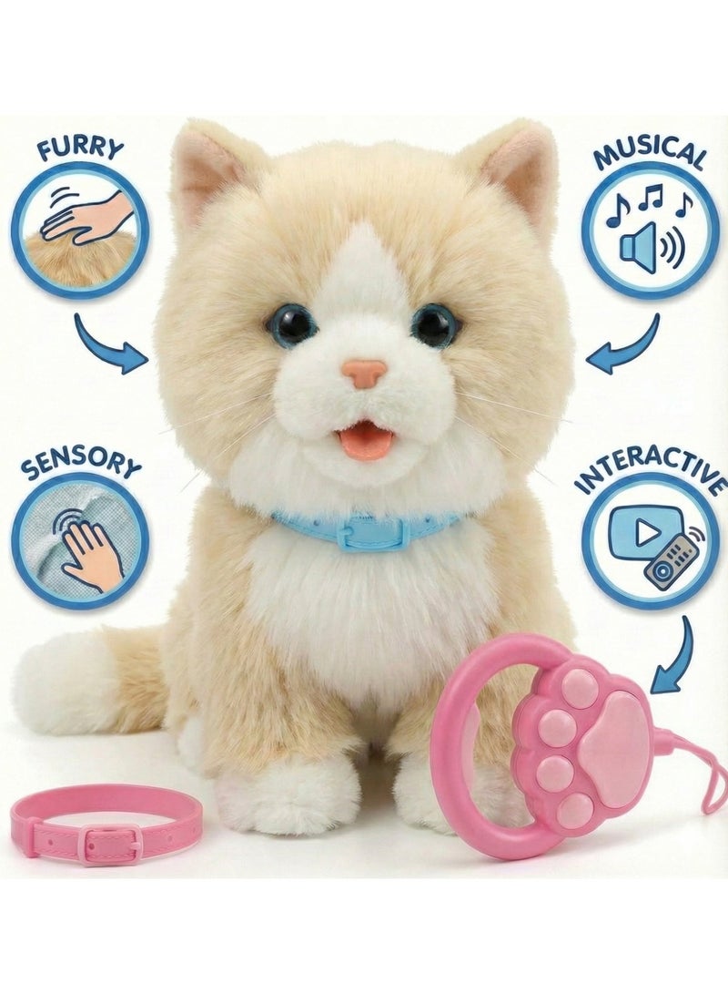 REZZOSS Walking & Singing Cat Toy for Kids Beige – Remote Control Leash Electronic Pet Cat Kids Toy | Interactive Walking Plush Toy with Music & Sound | Battery Operated Robotic Cat for Boys & Girls | Pretend Pet Play Toy Gift for Birthday (Beige) - Image 3