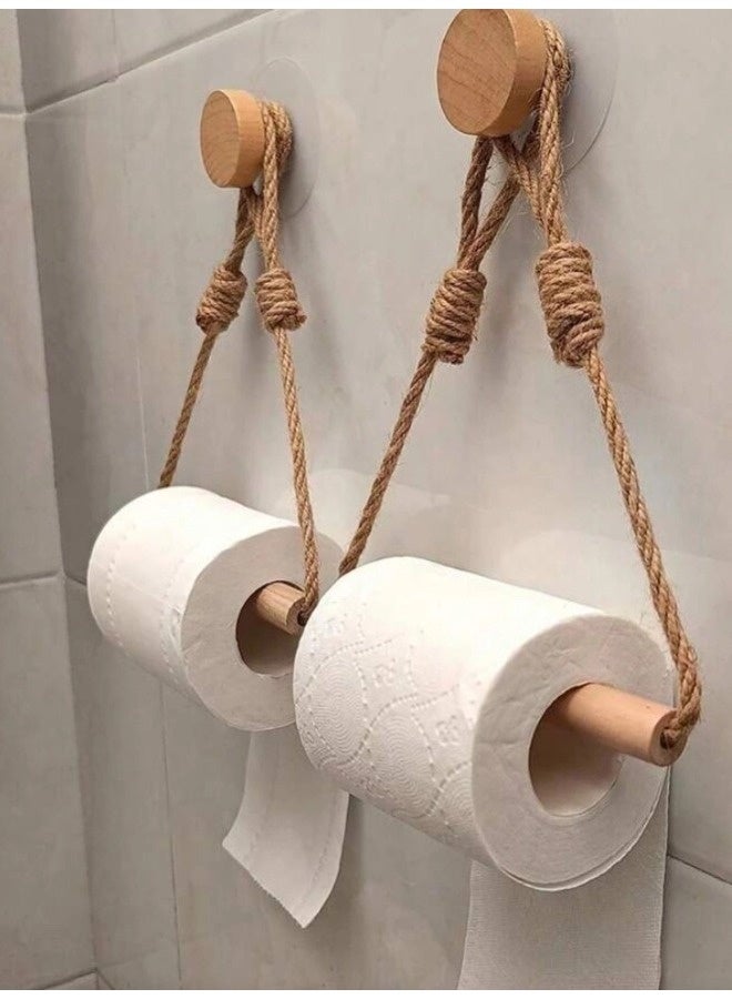 شيبشيب حامل ورق تواليت جداري من الخشب والحبل، حامل لفافات مناديل بطابع ريفي، مثبت على الحائط، إكسسوارات حمام من الخيزران البحري، مع برغي لاصق غير مرئي بدون حفر - Image 5