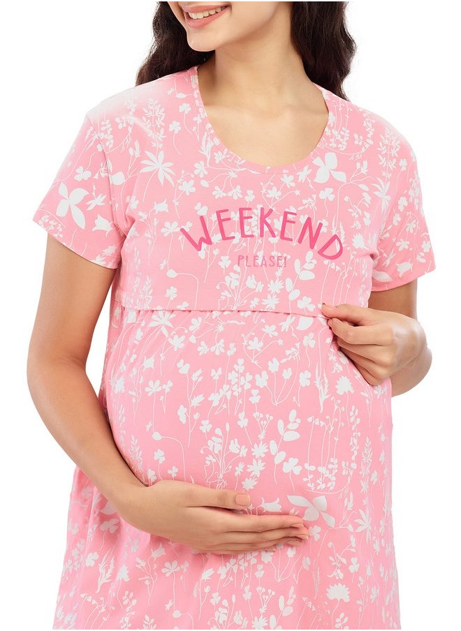 زيو - قميص نوم نسائي من ZEYO قطني مطبوع بالكامل بطول الركبة (ZMFS-5631-PK-L_Pink_L) - Image 1