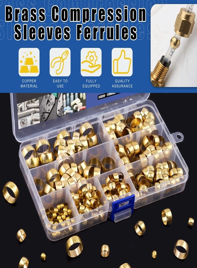 Glarks 220Pcs Brass Compression Sleeves Ferrules, Tube OD 4mm 6mm 8mm 10mm 12mm 13mm 14mm 16mm Brass Compression Fitting Assortment Kit - Image 3