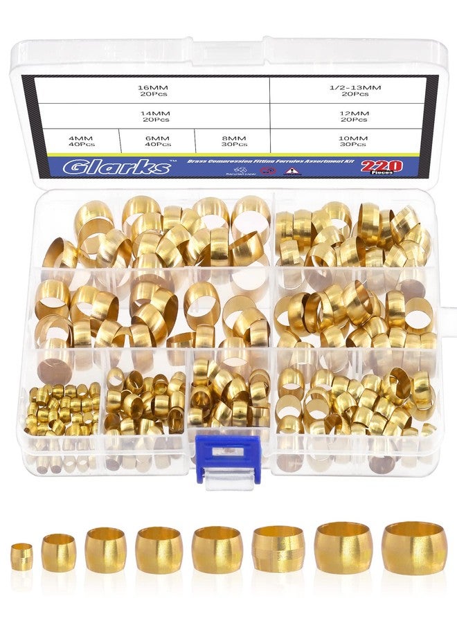 Glarks 220Pcs Brass Compression Sleeves Ferrules, Tube OD 4mm 6mm 8mm 10mm 12mm 13mm 14mm 16mm Brass Compression Fitting Assortment Kit - Image 1