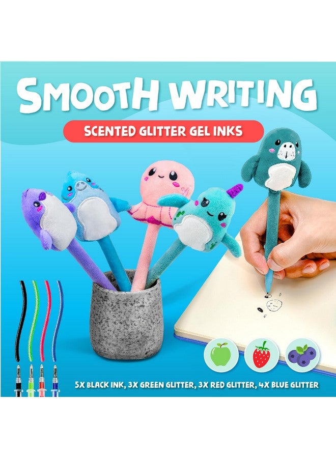 BUNMO Stocking Stuffers for Girls - Plush Pens 5 Pack - 10 Scented & Glittery Refills - Stocking Stuffers for Kids Teens Tweens - Fun Pens for Kids - Stuffed Animals for Girls Kawaii Stationery - Image 5