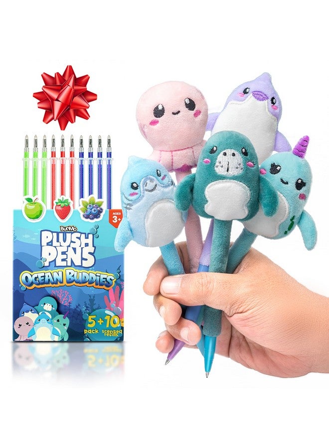 BUNMO Stocking Stuffers for Girls - Plush Pens 5 Pack - 10 Scented & Glittery Refills - Stocking Stuffers for Kids Teens Tweens - Fun Pens for Kids - Stuffed Animals for Girls Kawaii Stationery - Image 1