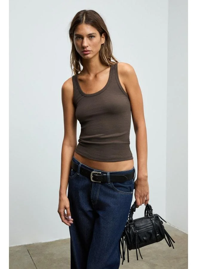 Ethiquet LILLESOL Women's Ribbed Look Slim Fit Body-Hugging Collared Cotton Basic Brown Tank Top.