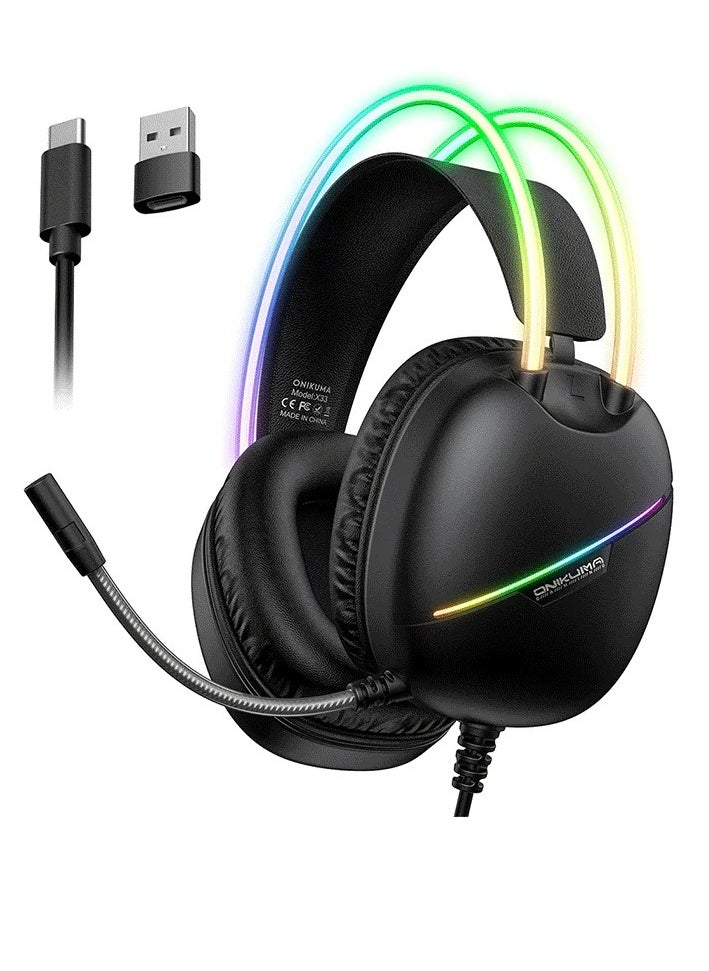 أونيكوما سماعة ألعاب X33 بمنفذ USB/Type-C - ميكروفون مُخفِّض للضوضاء - إضاءة RGB رائعة - وحدة تحكم للجسم - وحدة مكبر صوت 50 مم - وسائد أذن مريحة - للهواتف المحمولة، وأجهزة الكمبيوتر، وأجهزة ، وأجهزة PS 4/5 | أسود  - Image 1