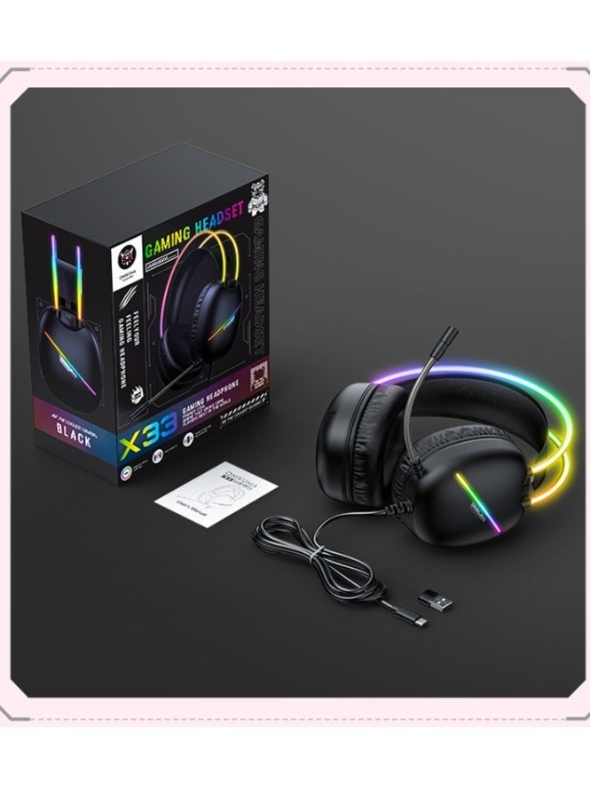 سماعة ألعاب X33 بمنفذ USB/Type-C - ميكروفون مُخفِّض للضوضاء - إضاءة RGB رائعة - وحدة تحكم للجسم - وحدة مكبر صوت 50 مم - وسائد أذن مريحة - للهواتف المحمولة، وأجهزة الكمبيوتر، وأجهزة ، وأجهزة PS 4/5 | أسود