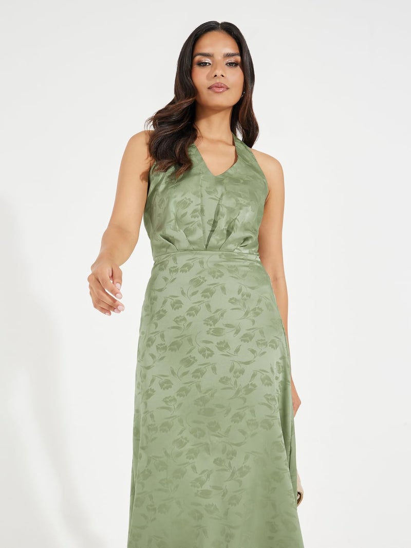 Styli Women's Green Floral Printed Halter Neck a-line midi Dress | Sleeveless with Flattering Sheath Silhouette | Elegant Dress for Special Occasions with Zip Closure - Image 3