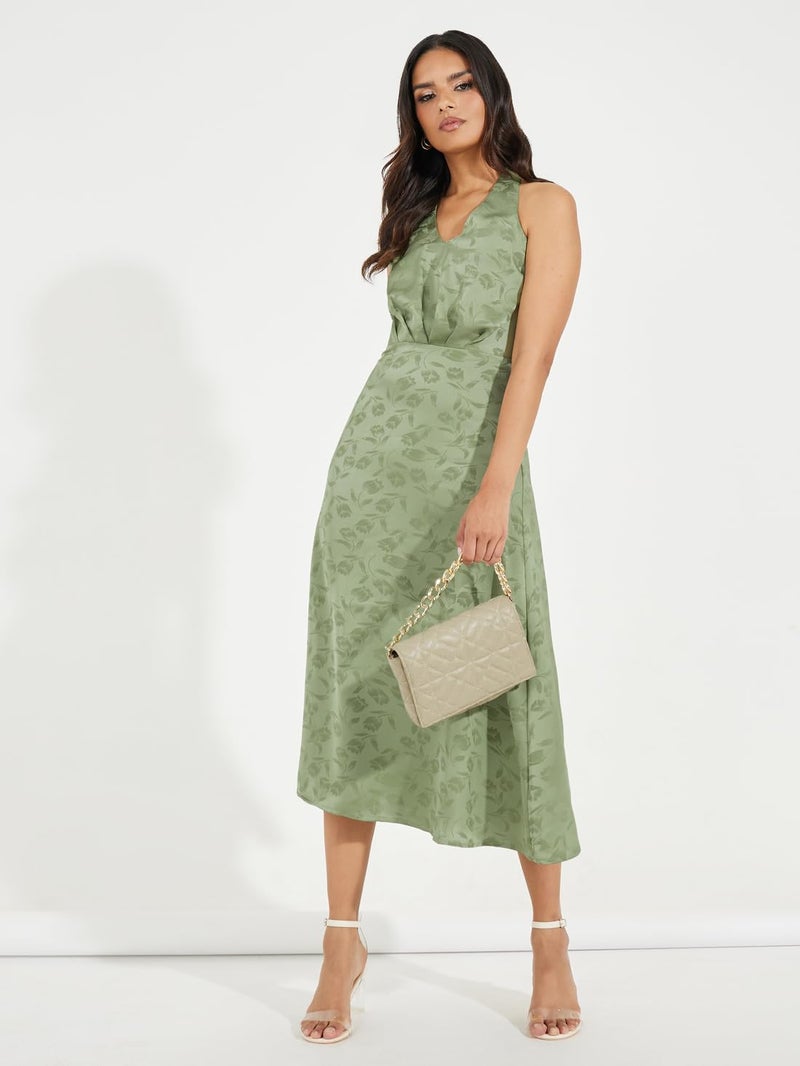 Styli Women's Green Floral Printed Halter Neck a-line midi Dress | Sleeveless with Flattering Sheath Silhouette | Elegant Dress for Special Occasions with Zip Closure - Image 5