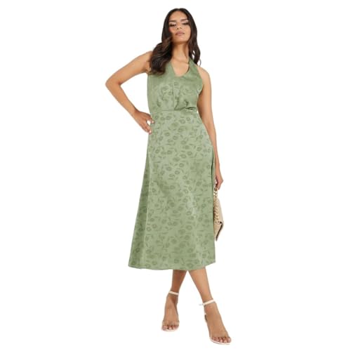 Styli Women's Green Floral Printed Halter Neck a-line midi Dress | Sleeveless with Flattering Sheath Silhouette | Elegant Dress for Special Occasions with Zip Closure - Image 1