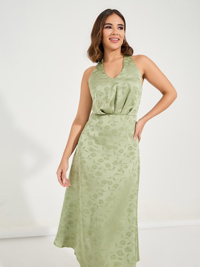 Styli Women's Green Floral Printed Halter Neck a-line midi Dress | Sleeveless with Flattering Sheath Silhouette | Elegant Dress for Special Occasions with Zip Closure - Image 2