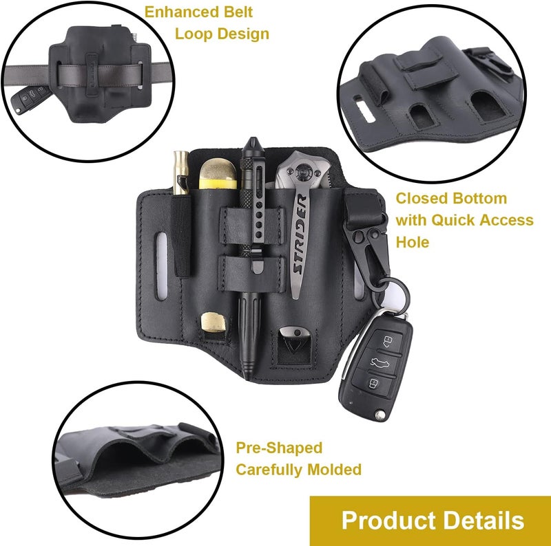 Gentlestache Multitool Belt Sheath, EDC Leather Belt Organizer, Belt Holder with Multitool Pouch, Flashlight Holder, Pen Holder and Keychain Clip, Practical EDC Belt Pouch for Men - Image 4