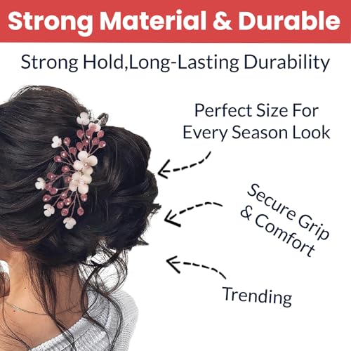 TEMPERIA Hair Accessories For Women's & Girls - Stylish Artificial Flowers & Crystal Pearls Bun Juda Bridal Brooch for Hairstyle & Decoration - Pins & Clips for Style of Bride (Pink & White) - Image 3