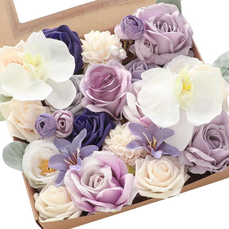 Floroom Lilac Lavender Purple Cream Artificial Flowers Fake Roses Dahlias and Greenery Combo Box Set for DIY Wedding Bouquets Bridal Shower Centerpieces Floral Arrangements Party Tables Decorations - Image 1