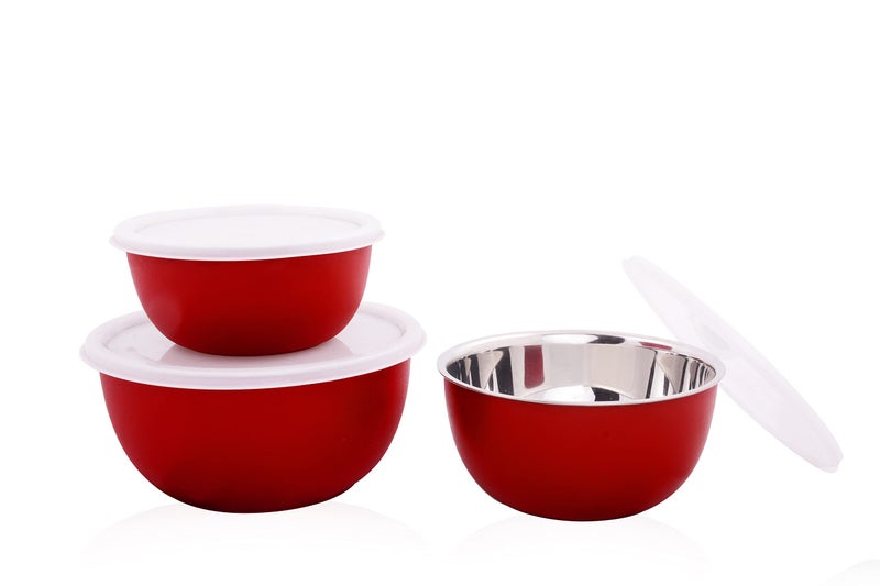 Bowl Fiery Stainless Steel Microwave Safe Bowls With Lids (14, 16,18 Cm) 3 Pieces Set (Red), 2500 ML - Image 3