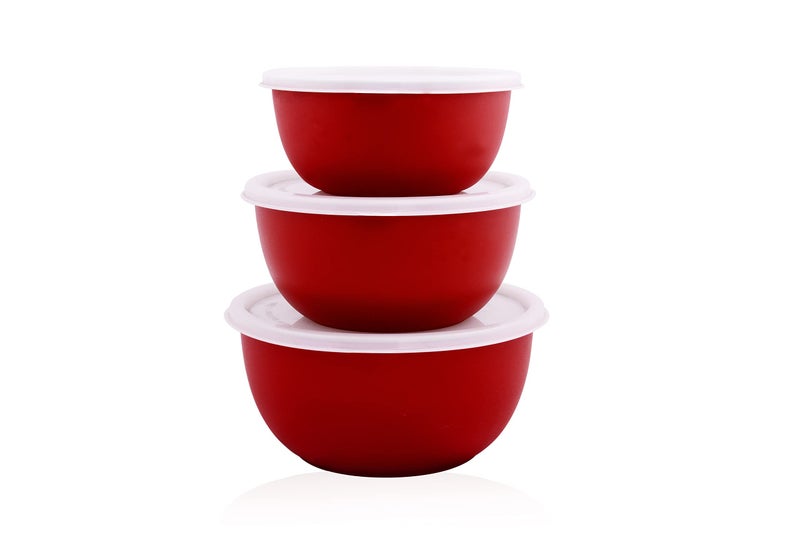 Bowl Fiery Stainless Steel Microwave Safe Bowls With Lids (14, 16,18 Cm) 3 Pieces Set (Red), 2500 ML - Image 1