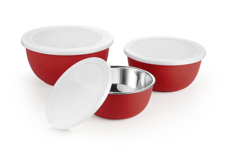 Bowl Fiery Stainless Steel Microwave Safe Bowls With Lids (14, 16,18 Cm) 3 Pieces Set (Red), 2500 ML - Image 2