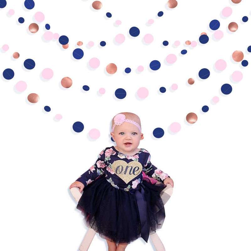 pinkblume 46Ft Navy Blue Blush Circle Dot Garland Royal Blue Pink Rose Gold Hanging Paper Polka Dot Streamer for Gender Reveal Baby Shower Birthday Engagement Wedding Bridal Shower Anniversary Party Decorations - Image 3