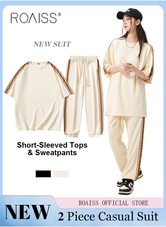 roaiss - 2 Pcs Unisex Casual Sportswear Set for Couples with Stylish Printed Design Short Sleeve T-Shirt and Loose-Fit Pants Combo Skin Friendly Fabric Soft and Breathable - Image 1