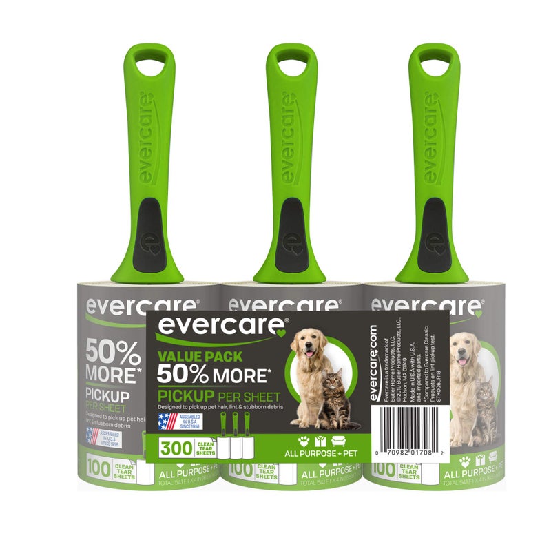 Evercare All Purpose Pet Hair Lint Rollers, 3 Pack, 100 Sheets Each - Reusable Sticky Roller for Pet Hair, Cat & Dog Hair Remover, Lint Remover, Pet Hair Remover for Furniture, Clothing & Cars - Image 1