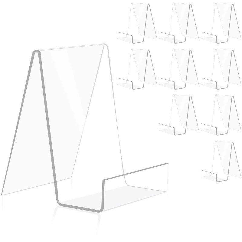 trophable 10 Pack Acrylic Book Stand Thickened Clear Book Display Easel Holder for Displaying Tablets Newspaper Magazines Notebooks Textbooks CDs (Clear-Large+Small) - Image 1