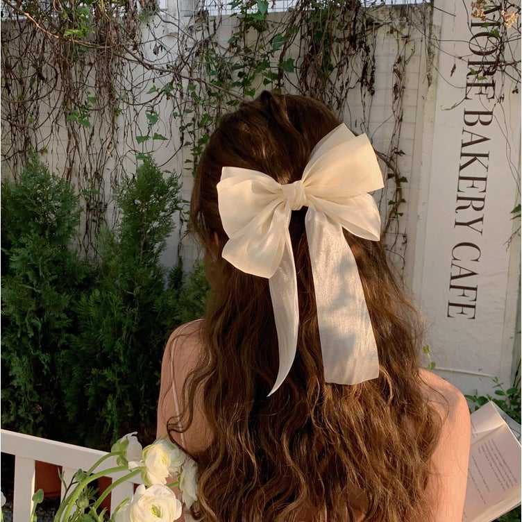 Generic Summer Cream Sweet Mesh Bow Hairpin Super Fairy Top Clip Headwear Headwear Hairpin High-grade Hair Accessories Beige mesh ribbon hairpin-yxs