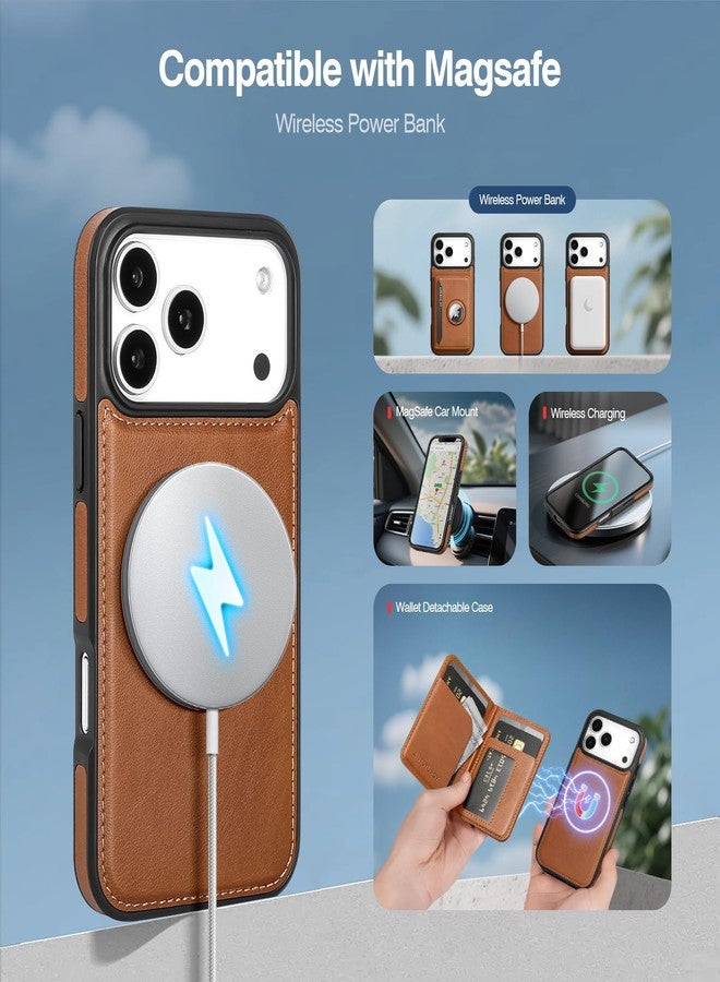 Antsturdy Compatible with MagSafe 2 in 1 Detachable Magnetic Phone 17 Pro Max Case Wallet with AirTag Holder,Men Women PU Leather RFID Blocking Credit Card Holder Slots Flip Cover Kickstand,Brown - Image 3