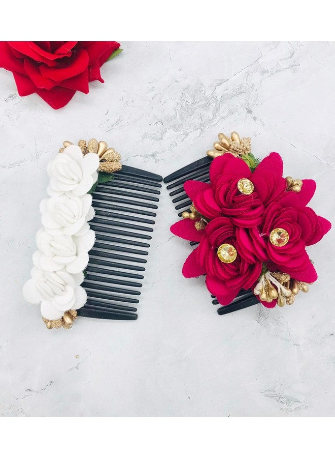 StayBuy™ Artificial Flower Juda Comb, Side Comb For Women/Girls, Hair Accessories For Wedding And Party, Multicolor, Pack-02 - Image 1
