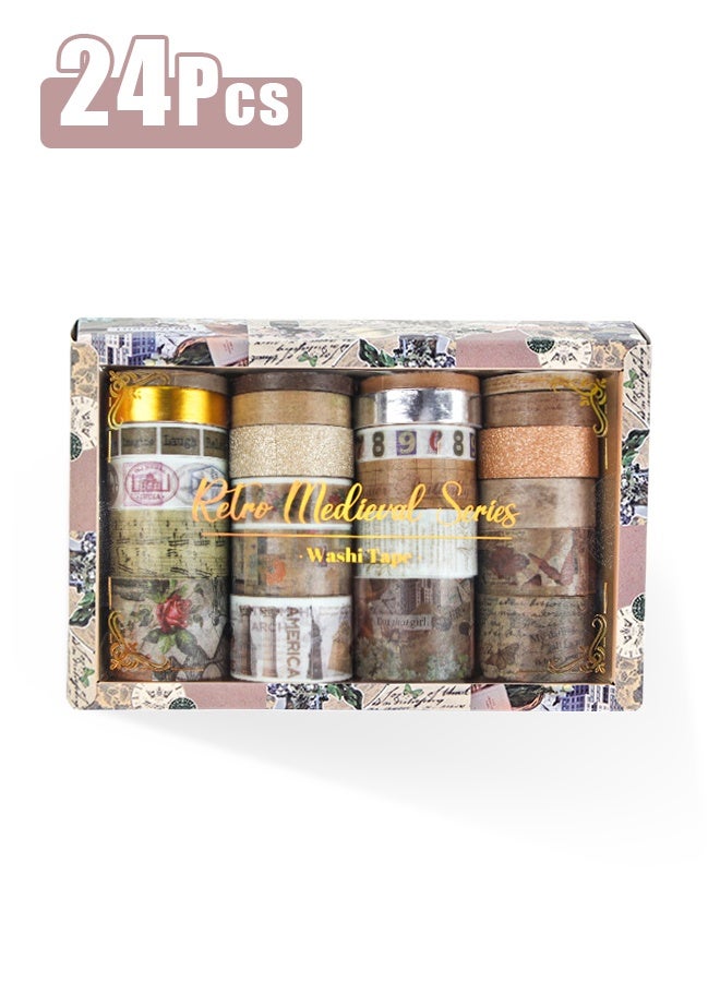 Vintage Medieval Washi Tape Set - 24 pcs Retro Decorative Tapes for Scrapbooking, Junk Journal, Bullet Journaling, DIY Crafts and Gift Wrapping - Image 1