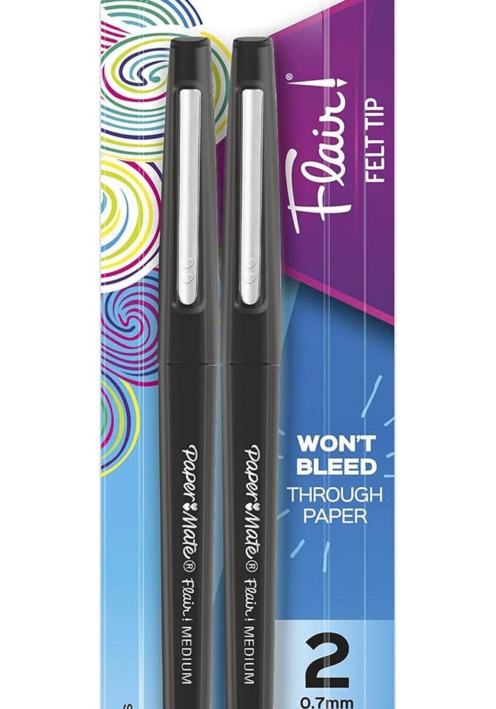 Paper Mate أقلام بيبر ميت فليير ذات رأس شعري - أسود، 2 عدد - Image 1