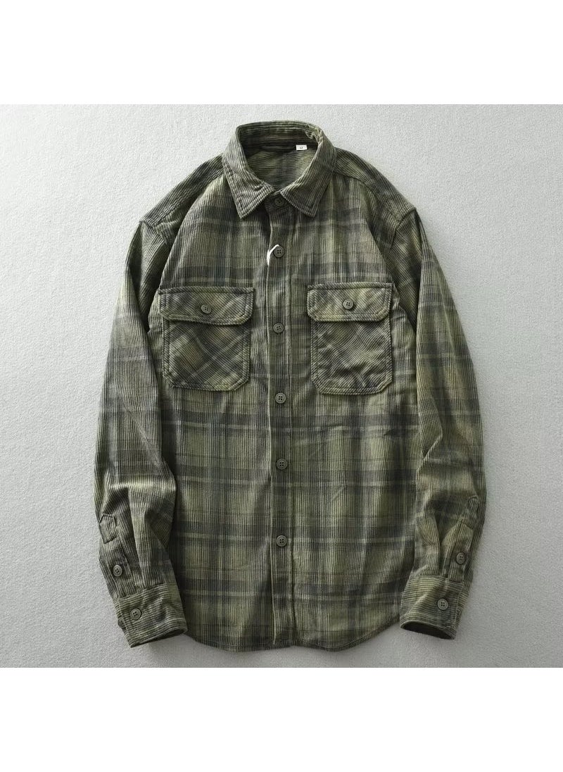 Generic - Mens Corduroy Shirt Casual Spring Autumn Workwear Green - Image 1