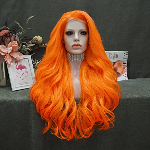 IMSTYLE Orange Lace Front Wigs Natural Wavy Long Synthetic Lace Wig for Cosplay Party Wig Heat Resistant 26 inches - Image 2