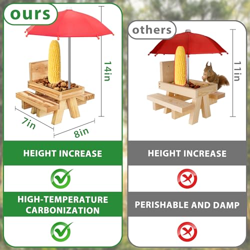 DFANG Carbonized Wood Squirrel Feeder with Umbrella, Squirrel Feeders for Outside Funny squrrill Picnic Table with Solid Structure Waterproof Chipmunk Feeder with Corn Cob Holder - Image 3