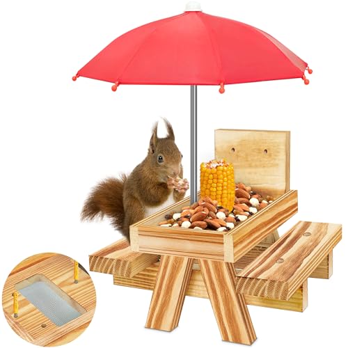 DFANG Carbonized Wood Squirrel Feeder with Umbrella, Squirrel Feeders for Outside Funny squrrill Picnic Table with Solid Structure Waterproof Chipmunk Feeder with Corn Cob Holder - Image 1
