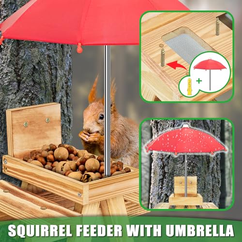 DFANG Carbonized Wood Squirrel Feeder with Umbrella, Squirrel Feeders for Outside Funny squrrill Picnic Table with Solid Structure Waterproof Chipmunk Feeder with Corn Cob Holder - Image 5