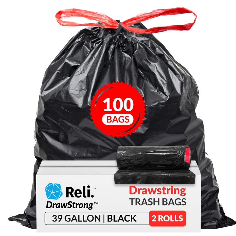 Reli. 39 Gallon Trash Bags Drawstring (100 Count) Large 39 Gallon Heavy Duty Drawstring Trash Bags, Garbage 39Gal Capacity, Lawn Leaf (39Gal, Black) - Image 1