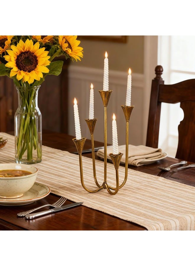 Mervkis Candle Holder Vintage Candlestick Holder Stand for Stick Taper Candle, 5-Arm Cast Iron Candelabra for Wedding Centerpiece Table Decorations Fireplace Mantel Decor, Antique Gold - Image 3