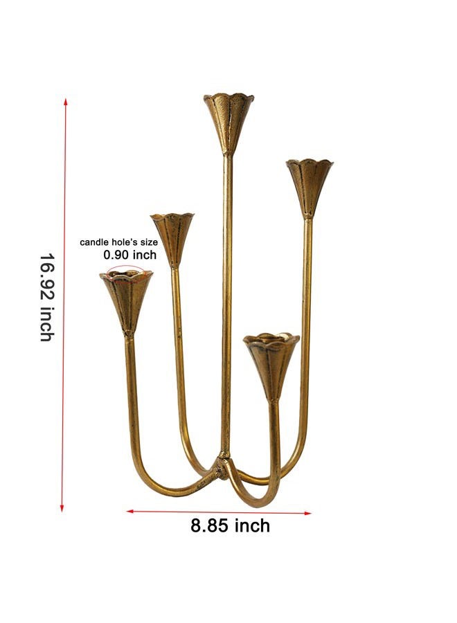 Mervkis Candle Holder Vintage Candlestick Holder Stand for Stick Taper Candle, 5-Arm Cast Iron Candelabra for Wedding Centerpiece Table Decorations Fireplace Mantel Decor, Antique Gold - Image 4