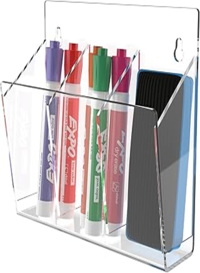 MaxGear Wall Mounted Marker Holder 3 Compartments Dry Erase Marker Organizer, Acrylic Marker Holder Organizer for Whiteboard and Locker Accessories with Adhesive, Clear