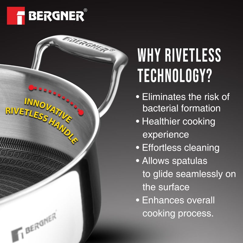 Bergner Hitech Triply NonStick 24 cm 33 L Serving Pan with Flat Glass Lid NonStick Mesh Pattern Inside Metal Spatula Friendly Even Heat Distribution Induction Bottom and Gas Stove Ready - Image 4