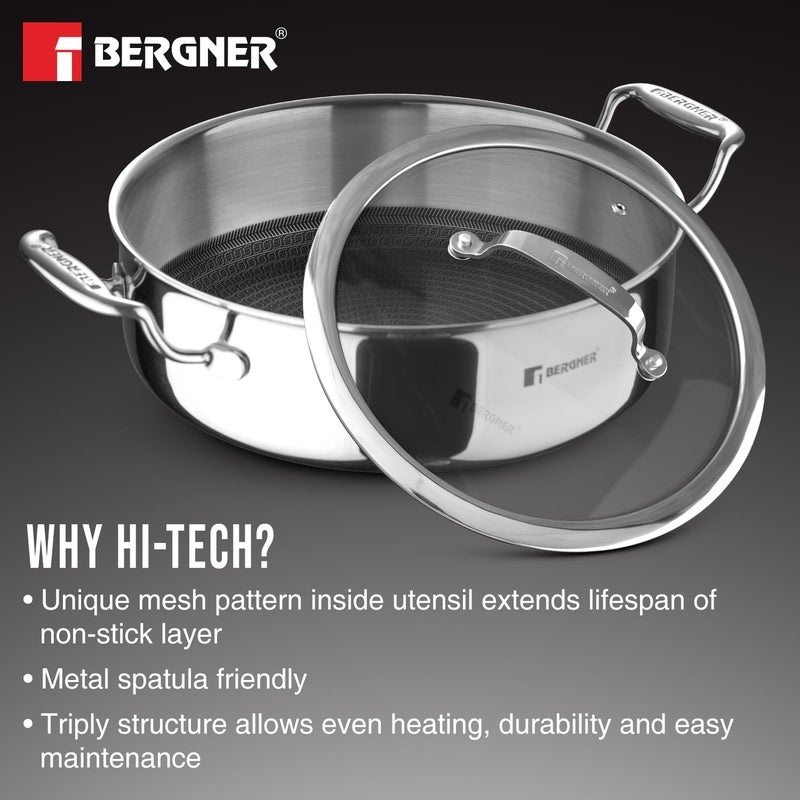 Bergner Hitech Triply NonStick 24 cm 33 L Serving Pan with Flat Glass Lid NonStick Mesh Pattern Inside Metal Spatula Friendly Even Heat Distribution Induction Bottom and Gas Stove Ready - Image 5
