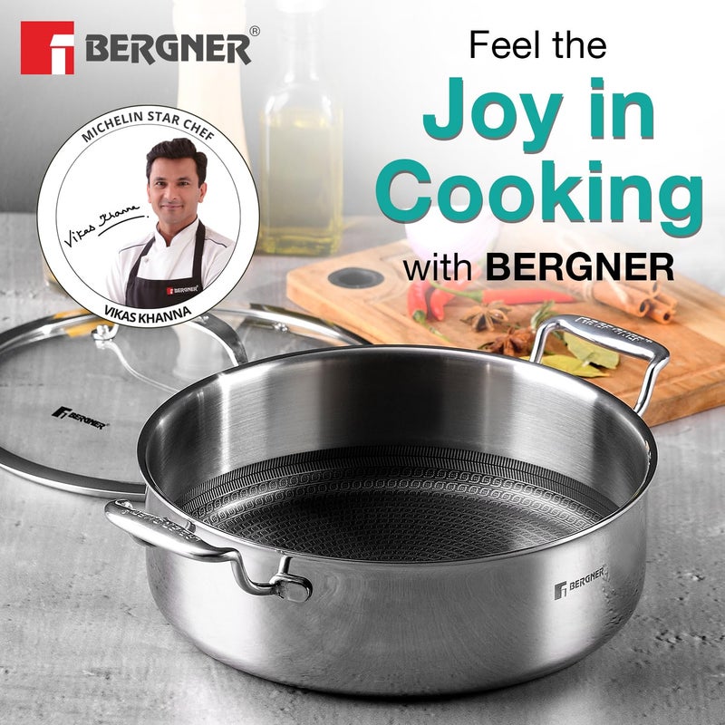 Bergner Hitech Triply NonStick 24 cm 33 L Serving Pan with Flat Glass Lid NonStick Mesh Pattern Inside Metal Spatula Friendly Even Heat Distribution Induction Bottom and Gas Stove Ready - Image 2