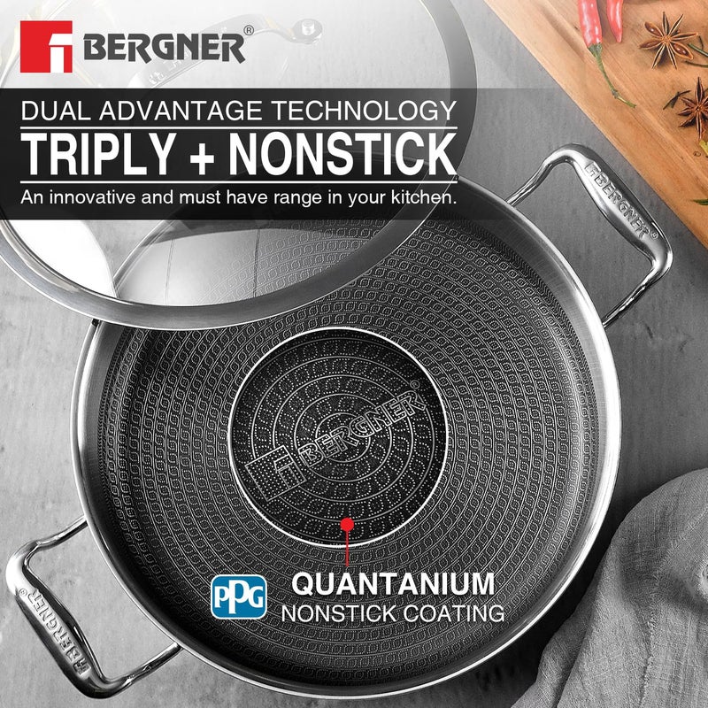 Bergner Hitech Triply NonStick 24 cm 33 L Serving Pan with Flat Glass Lid NonStick Mesh Pattern Inside Metal Spatula Friendly Even Heat Distribution Induction Bottom and Gas Stove Ready - Image 3