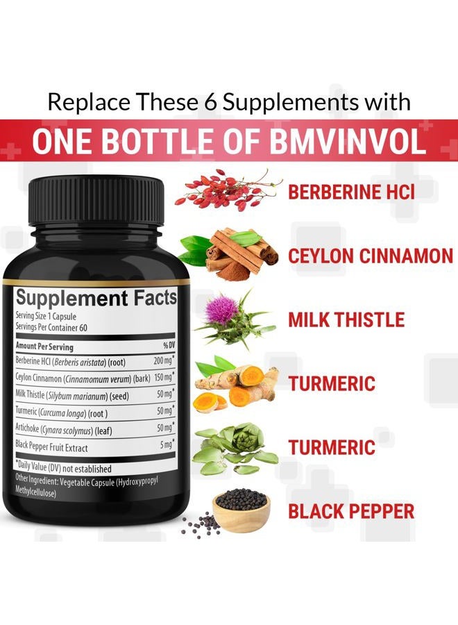 BMVINVOL (2 Packs) Berberine Supplement Plus Ceylon Cinnamon, Turmeric, Artichoke, Milk Thistle, Black Pepper - 120 Capsules - 4 Months Supply - Image 3