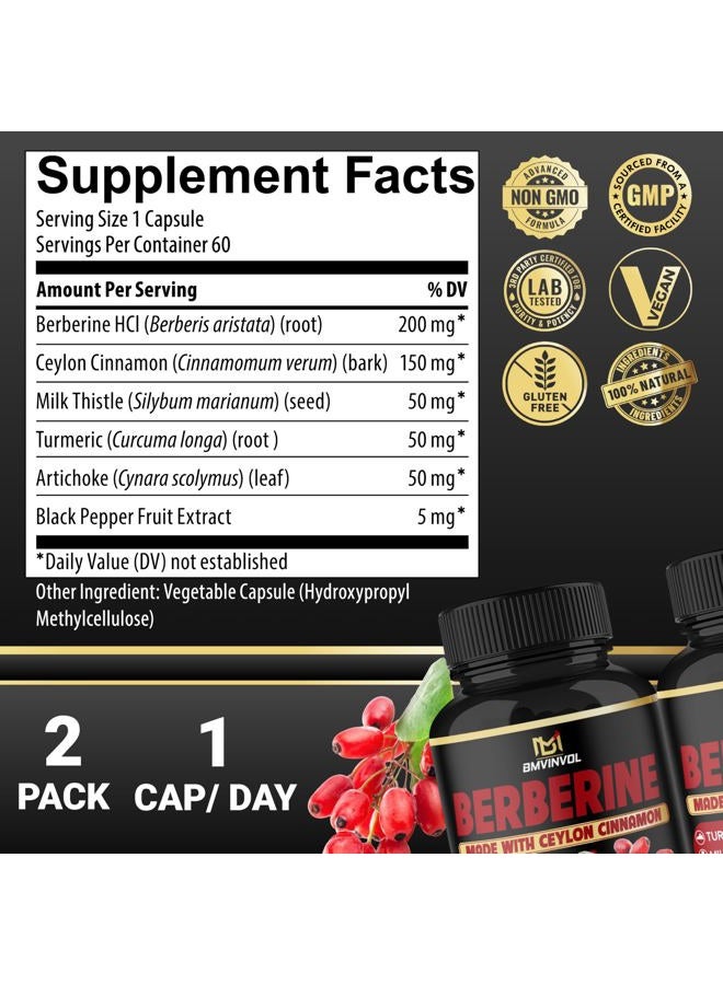 BMVINVOL (2 Packs) Berberine Supplement Plus Ceylon Cinnamon, Turmeric, Artichoke, Milk Thistle, Black Pepper - 120 Capsules - 4 Months Supply - Image 2