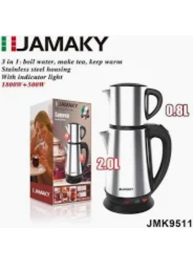 Jamaki JMK 9511 Double Electric Kettle High borosilicate glass casing Concealed stainless steel heating element 1800 + 500W Capacity: 2.0 + 0.8L Easy to operate with power light indicator Auto power off Boil dry protection
