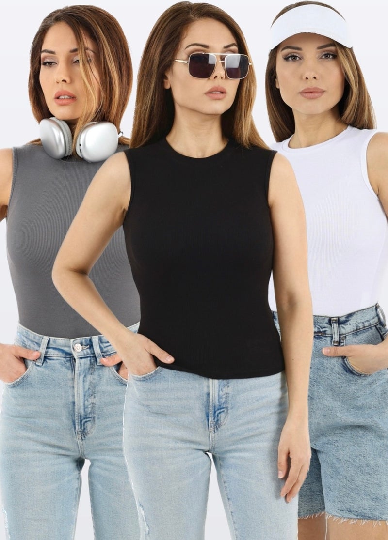 Ritnice Women's Closed Collar 3-Pack Cotton Black White Anthracite Plain Sleeve Ribbed Undershirt  - Image 4