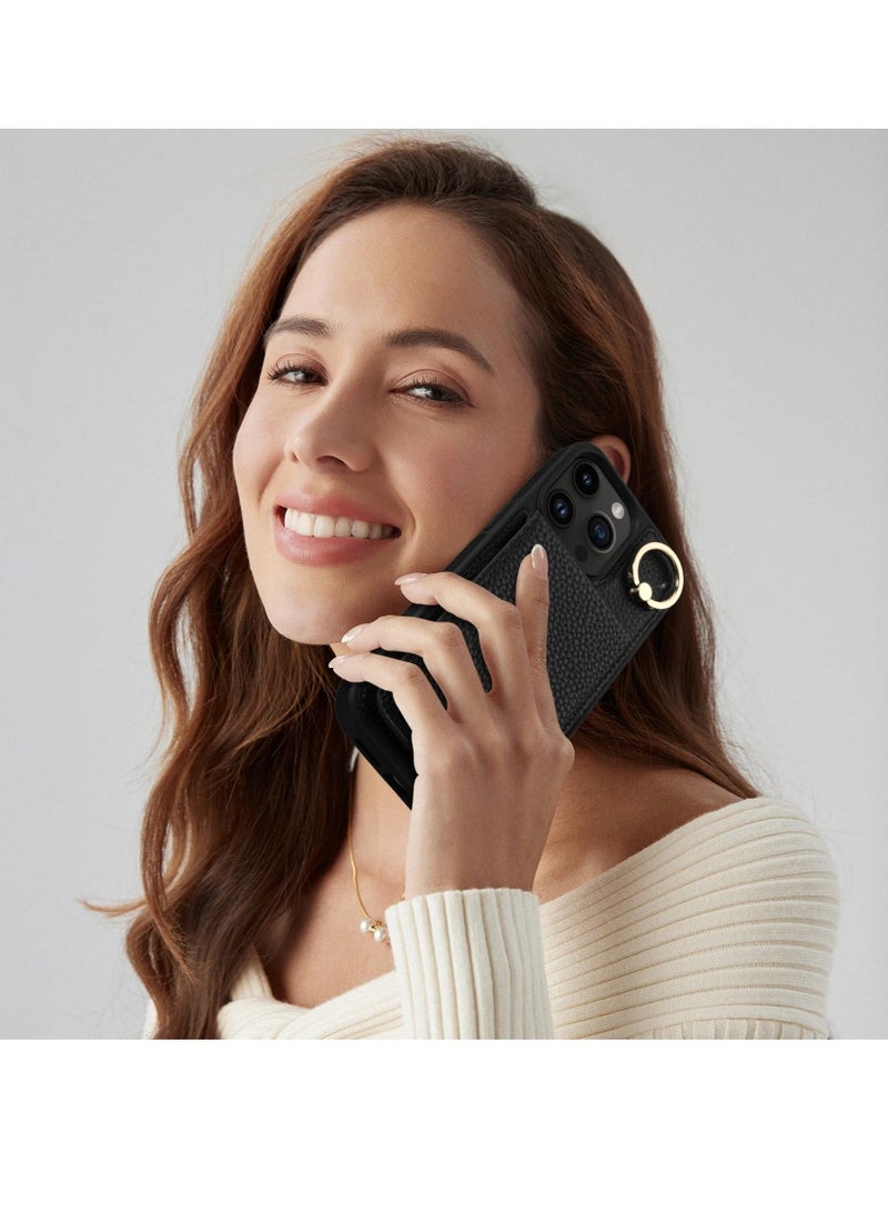 Captaintech Crossbody Case for iPhone 15 Pro Max with RFID Blocking Card Slots, Detachable Lanyard Strap, 360°Ring Stand, Lychee Print iPhone 15 Pro Max Case (Black, 6.7'') - Image 3