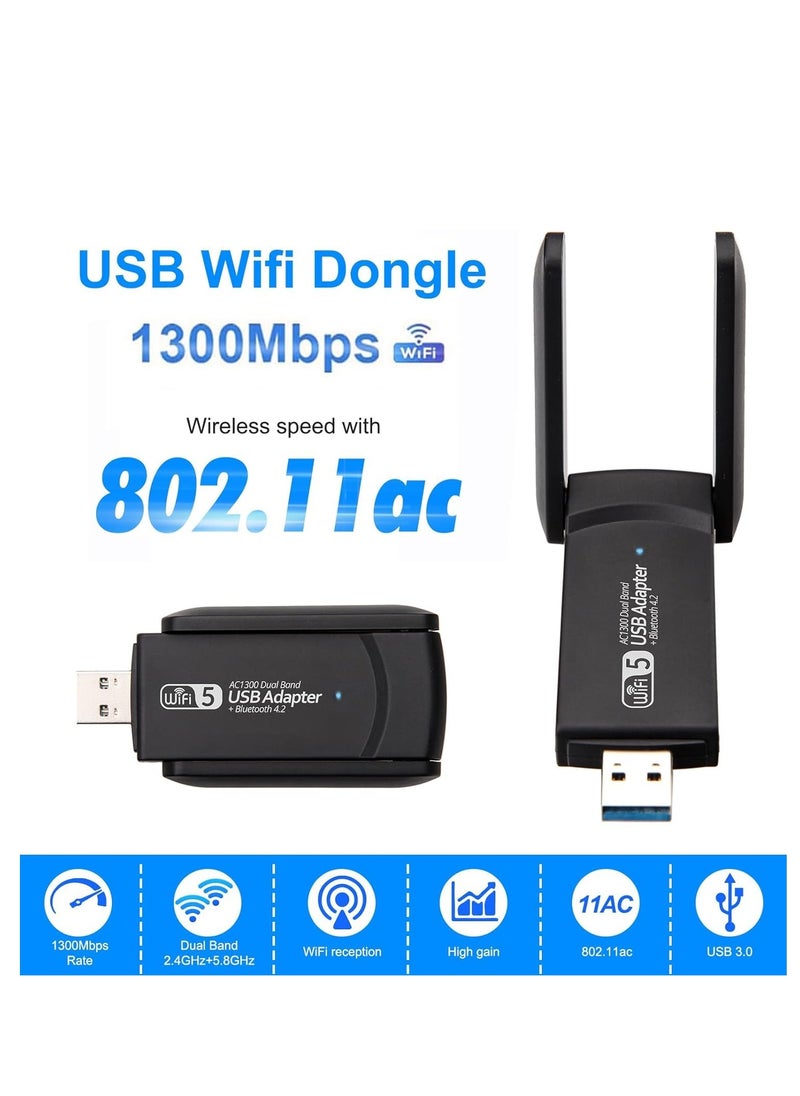 XICEN - Wireless USB WiFi Adapter, 1300Mbps USB WiFi Dongle, 5.8GHz/2.4GHz 5dBi Dual Band Bluetooth USB 3.0 WiFi Dongle for PC/Desktop/Tablet/Laptop, Support Windows 11/10/8.1/8/7/XP/Vista, macOS 10.11-10.15 - Image 1
